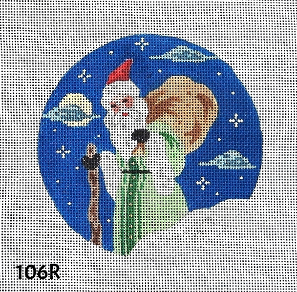 Christmas 4 1/2" Round 106R Santa St Nicholas Holding Bag of Gift/ Night Snow Scene 18 Mesh MM Designs