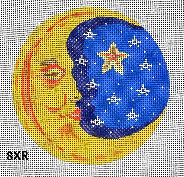 Christmas 4 1/2" Round 18 Mesh 8XR Crescent Moon & Stars Cobalt Blue Bkgd. MM Designs