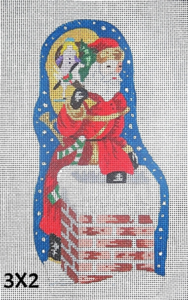 Christmas Standing Santa 18 Mesh 3X2 Climbing into Chimney w/Blue Bkgd. & Snowflakes- 6 1/2" x 10 1/2"MM Designs