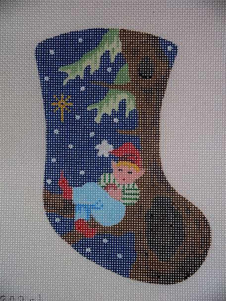 Stocking 4" x 6" 18 Mesh 202PB Elf Sleeping in Fir Tree/ Blue Starry Night MM Designs