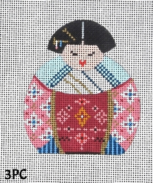 Pincushion 3PC Oriental Man/ Pink & Blue Kimono 3 1/2" x 3 1/2" 18 Mesh MM Designs