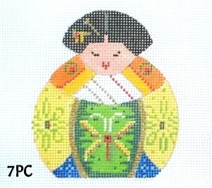 MM Designs Pincushion 7PC Oriental Woman/Emerald & Yellow Kimono 3 1/2" x 3 1/2" 18 Mesh