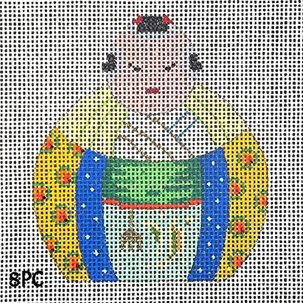 Pincushion 8PC Oriental Man/Emerald & Yellow Kimono 3 1/2" x 3 1/2" 18 Mesh MM Designs