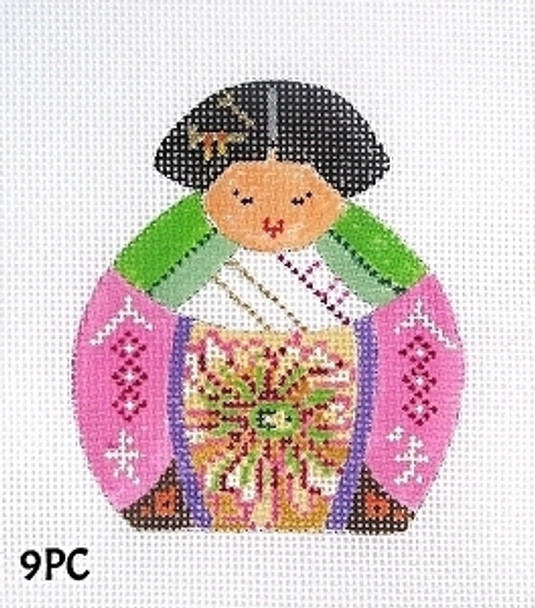 Pincushion 9PC Oriental Woman/Emerald, Pink & Brown Kimono 3 1/2" x 3 1/2" 18 Mesh MM Designs