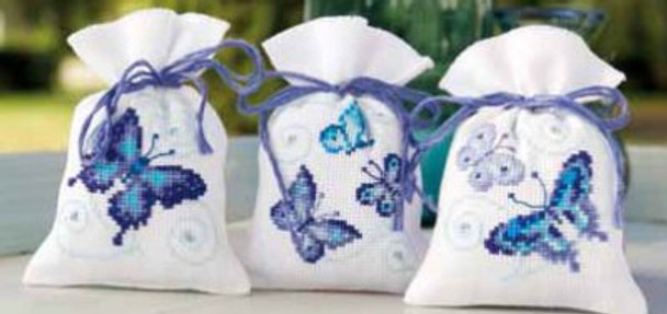 PNV146430 Vervaco Kit  Blue Butterflies  Potpourri Bags (set of 3) 3.2" x 4.8"; Aida; 18ct 