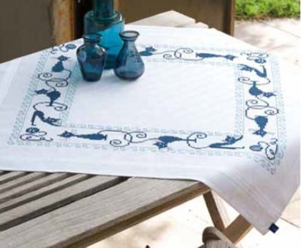 PNV153854 Vervaco Kit Cheerful Cats Tablecloth 32" x 32"; Cotton 