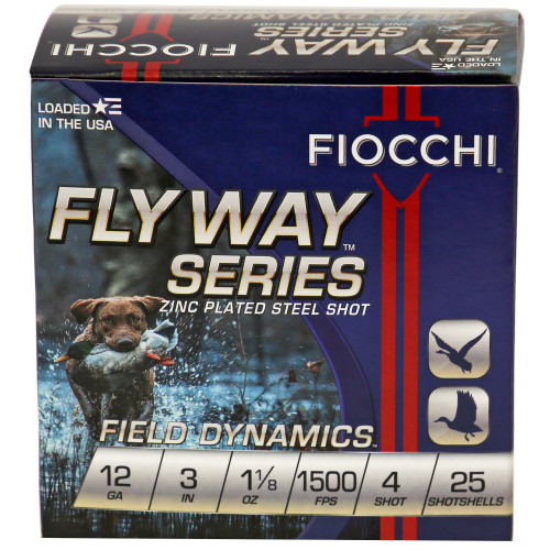 FIOCCHI AMMUNITION, FLYWAY STEEL, 12 GAUGE 3", #4 GR, STEEL SHOT, BOX (25), MFR P/N: 123ST4