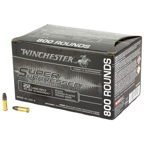 WINCHESTER AMMUNITION, SUPER SUPPRESSED, RIMFIRE, 22 LR, 45 GR, COPPER PLATED ROUND NOSE, BOX (800), MFR P/N: SUP22LRB