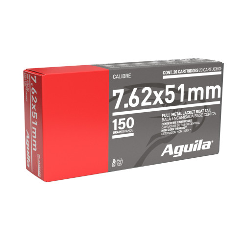 AGUILA AMMUNITION, RIFLE, 762NATO, 150 GR, FULL METAL JACKET BOAT TAIL, BOX (20), MFR P/N: 1E762110
