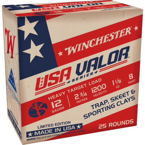 WINCHESTER AMMUNITION, USA VALOR, 12 GAUGE 2.75", #8, SHOT, BOX (25), MFR P/N: USAV128