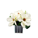 Mona, 11 White Magnolia in a Beveled Mirrored Vase