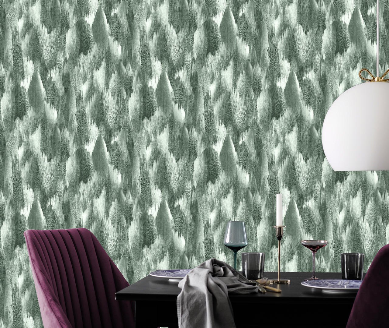 Natural Feathers Silver Green Wallpaper