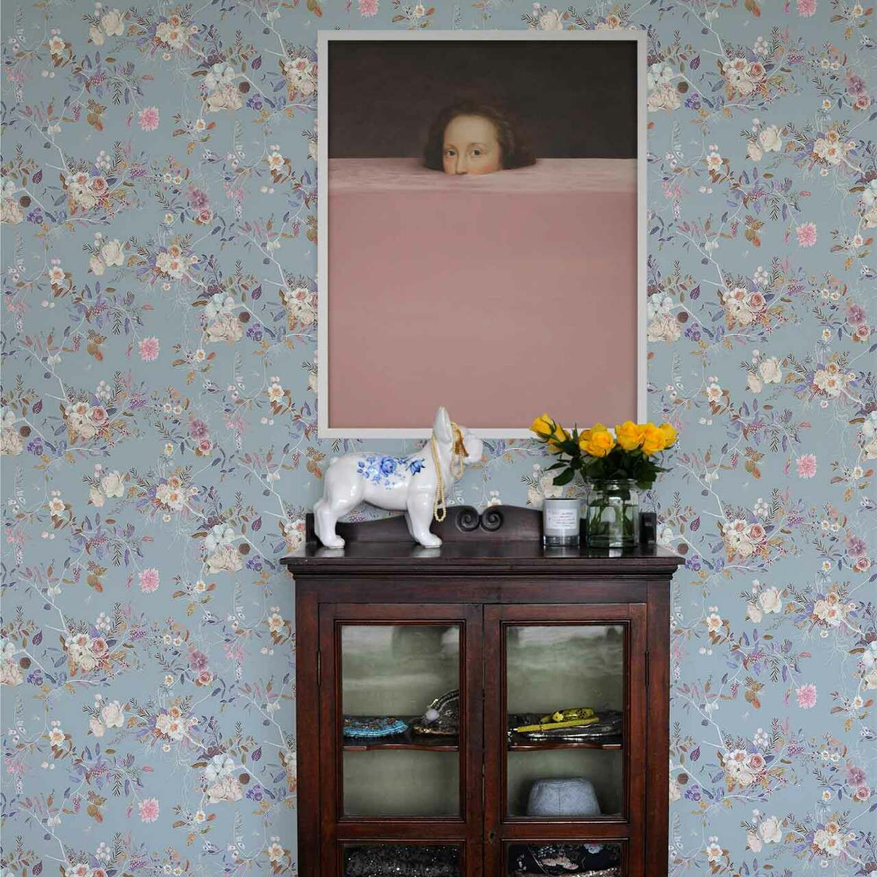 Wildflower Pattern Duck Egg Blue Wallpaper