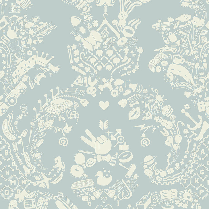 Young and Battaglia New World Damask Wallpaper- Grey Blue and White