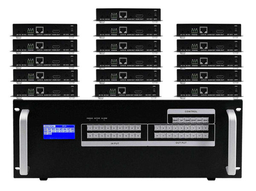 18x16 HDMI Matrix Switcher over CAT6 w/16-HDBaseT Receivers, Fast Switching, Apps & Video Wall Function