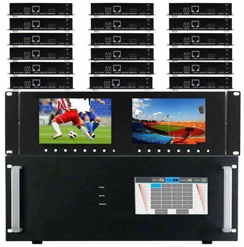 4K 14x18 HDMI Matrix Switcher w/Dual Monitors & HDBaseT CAT6 Extenders