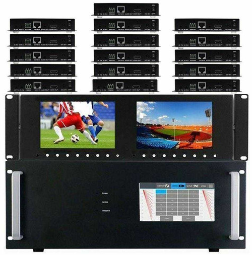 4K 16x16 HDMI Matrix Switcher w/Dual Monitors & HDBaseT CAT6 Extenders