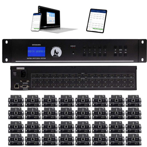 Sports Bar 16x32 HDMI Matrix Switch with 32-Separate HDMI to CAT6 Baluns and WEB GUI, iOS & Android Apps