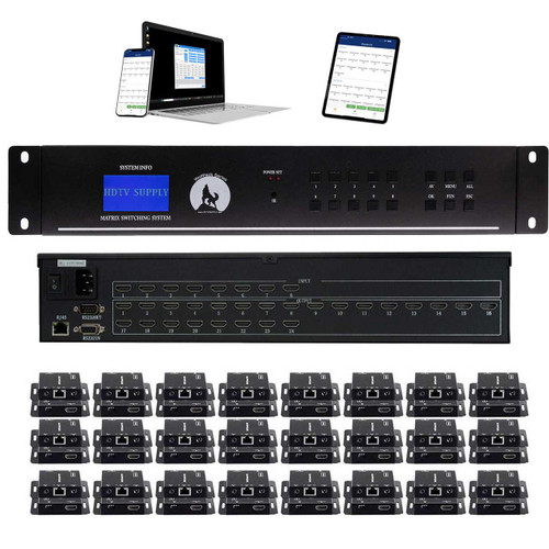Sports Bar 8x24 HDMI Matrix Switch with 24-Separate HDMI to CAT6 Baluns and WEB GUI, iOS & Android Apps