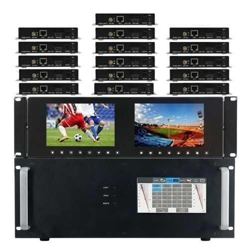 4K 8x16 HDMI Matrix Switcher w/Dual Monitors & HDBaseT CAT6 Extenders