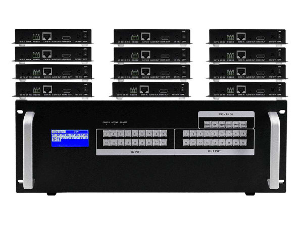 10x12 HDMI Matrix Switcher over CAT6 w/12-HDBaseT Receivers, Fast Switching, Apps & Video Wall Function