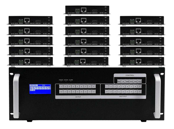 10x16 HDMI Matrix Switcher over CAT6 w/16-HDBaseT Receivers, Fast Switching, Apps & Video Wall Function