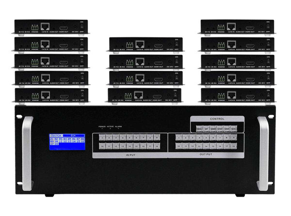 12x14 HDMI Matrix Switcher over CAT6 w/14-HDBaseT Receivers, Fast Switching, Apps & Video Wall Function