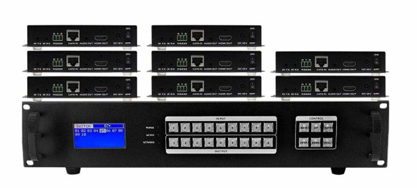 Seamless 4x8 HDMI Matrix Switcher over CAT6 w/8-HDBaseT Receivers & 100ms Switching