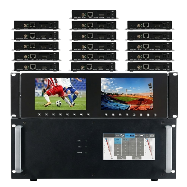 8x16 HDMI Matrix Switcher over CAT6 w/16-HDBaseT Receivers, Fast Switching, Apps & Video Wall Function