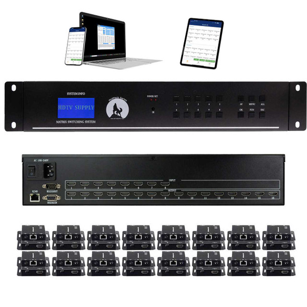 Sports Bar 8x16 HDMI Matrix Switch with 16-Separate HDMI to CAT6 Baluns and WEB GUI, iOS & Android Apps