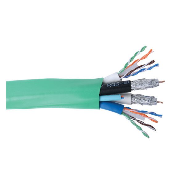 Liberty Wire & Cable CEBUS-F 500' Green Structured Solutions 2 RG6Q BC + 2 Category 6 + a 2 Fiber OM3 Jacketed Composite Cable Reel