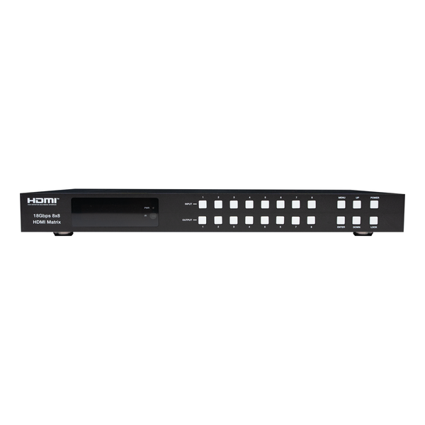 WolfPack 4K60 8x8 HDMI matrix switcher front panel with OLED display and input output buttons