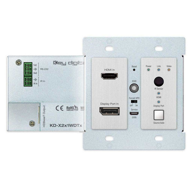 Key Digital KD-X2X1WDTX 2x1 4K/18G 40m HDBT PoH Wall Plate Switcher