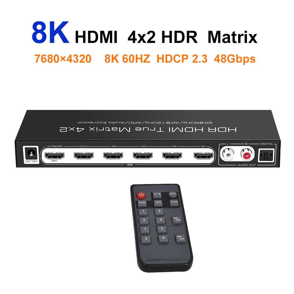 8K HDMI-switch med 4 portar, HDMI 2.1-switcher 4K 120 Hz HDR10+, 8K 60 Hz  UHD, HDMI-switch 4 in 1 ut, automatisk/manuell källväxling, strömadapter  och