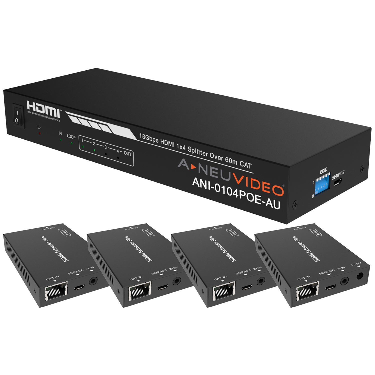 A-Neuvideo ANI-0104POE-AU 1x4 HDMI POE 4K60Hz/1080p CAT6