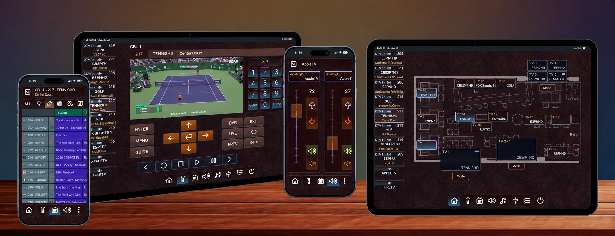 Sports bar control interface shown across several devices