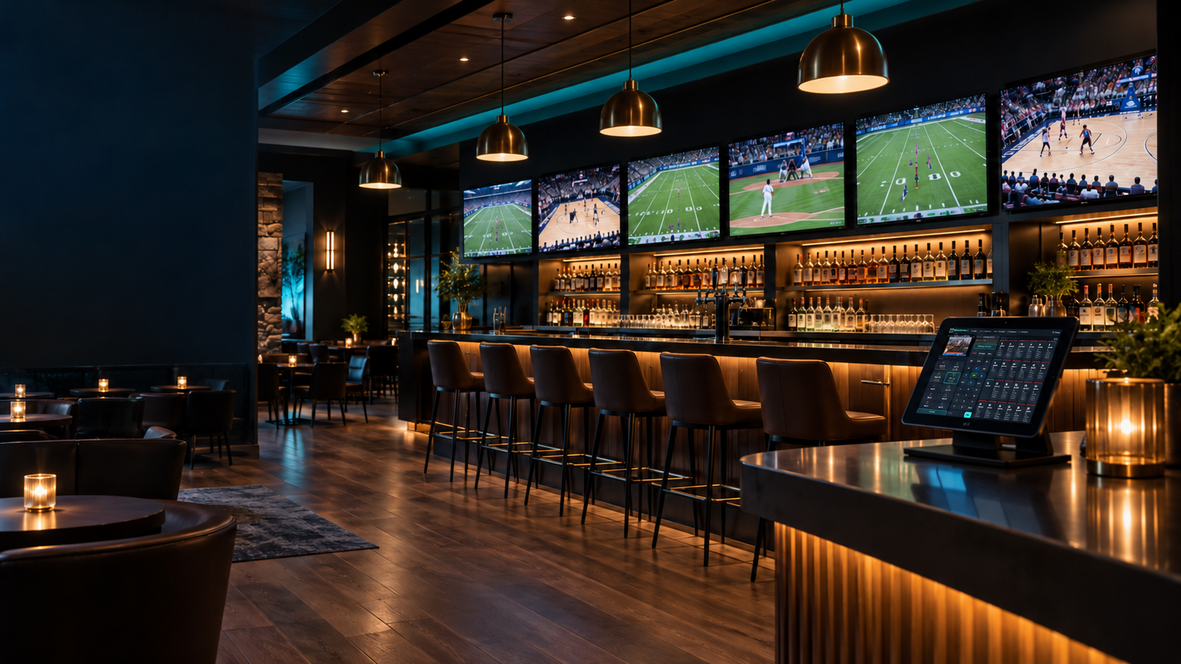 A sports bar with multiple games on its TVs and WolfPackOS on a tablet