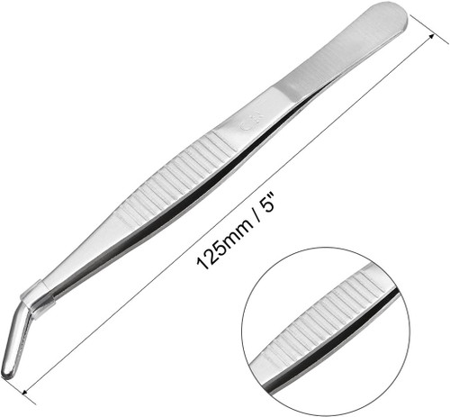 SS Forceps, 5", Curved, Blunt Tip Serrated