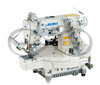 JUKI MF-7523-C11-B56/X83049 Coverstitch Machine, showcasing its sleek design and robust build. This model is tailored for attaching collarettes on garments like underwear, briefs, and knitwear. Equipped with a flat-bed structure and a 3-needle, 5.6mm top and bottom coverstitch system, it offers exceptional seam quality and versatility for professional sewing tasks.