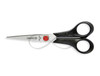 Mundial Red Dot Hobby & Craft Scissors, measuring 5.5 inches. The sleek black handles are made of matte polypropylene, providing a secure grip to prevent slippage. Crafted from durable stainless steel, these scissors ensure sharp and accurate cutting for various materials, including paper, yarn, cloth, and thread. The adjustable pivot assembly, distinguished by Mundial's signature red button, offers control for detailed tasks. With a length of 5 1/2" and a 2" cut, these scissors are versatile for crafting needs.