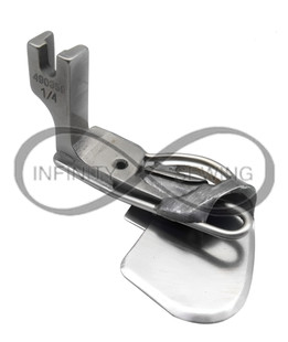 Industrial Sewing Machine Double-Fold Spring-Type Hemmer Hemming Foot 1/8, showcasing its sturdy construction and precise design for creating double-fold hems. Industrial Sewing Machine Double-Fold Spring-Type Hemmer Hemming Foot 1/8, showcasing its sturdy construction and precise design for creating double-fold hems.