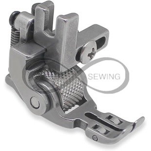 Presser foot with a roller mechanism attached. The foot is designed to fit on a sewing machine and features adjustable left and right settings for versatile stitching options. Presser foot with a roller mechanism attached. The foot is designed to fit on a sewing machine and features adjustable left and right settings for versatile stitching options.