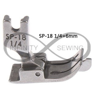 SP-18 Right Edge Guide Presser Foot, showcasing its sturdy construction and built-in edge guide for precise sewing. This image highlights the 1/4 inch (6mm) seam allowance capability, ideal for various sewing projects.