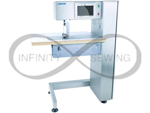 Juki JEUX-7510-S Flatbed Ultrasonic Welding Machine, designed to meet diverse production needs with its interchangeable anvil wheels and intuitive touch screen interface. Perfect for creating flawless seams on modern materials like technical textiles and nonwovens.