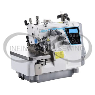 Jack C5T-4-M03/333, a high-speed, 4-thread computerized overlock machine designed for precision sewing. This image showcases its sleek design and advanced features, including integrated differential feeding to prevent misalignment and distortion of fabric layers.