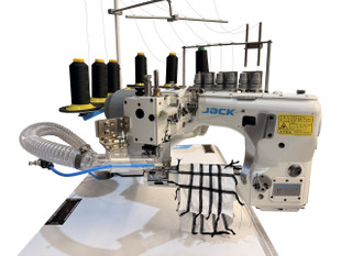 Jack JK-8740-460-02R-D-AW1L industrial sewing machine. Featuring a small cylinder bed for intricate sewing tasks, an automatic presser foot lifter for various fabrics, and a pneumatic thread trimmer for efficient operation, this machine is perfect for creating high-quality underwear, swimsuits, neoprene diving suits, and sportswear.