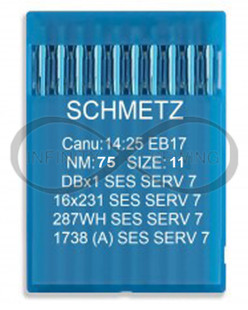 Schmetz 16X231 SES SERV 7 needles, NM 75 / Size 11. The needles are designed with a light ball point (SES) that effectively displaces woven and knitted threads, preventing damage to delicate fabrics. The image highlights the chrome finish, straight blade shape, and the precise engineering of the needle's reinforced hump scarf, which reduces skipped stitches and enhances stability during high-speed sewing.