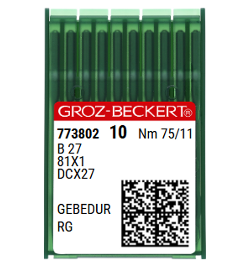 Groz Beckert B27 GEBEDUR X75 NM 75 Size 11 Industrial Sewing Machine Needles Pack of 10 titanium nitride coated for woven knit fabrics Groz Beckert B27 GEBEDUR X75 NM 75 Size 11 Industrial Sewing Machine Needles Pack of 10 titanium nitride coated for woven knit fabrics