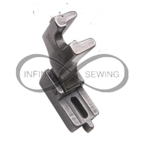 Invisible Zip Presser Foot S518NF in action on an industrial single-needle, needle feed lockstitch machine, effortlessly stitching in an invisible zipper with precision.