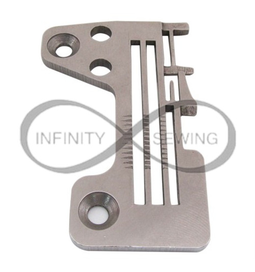 Needle plate, specifically designed for heavy-duty sewing machines. The needle plate features precise needle entry points and durable construction.